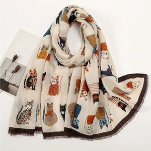 Cat Print Jumbo Shawl Scarf with Brown Trim New Boutique